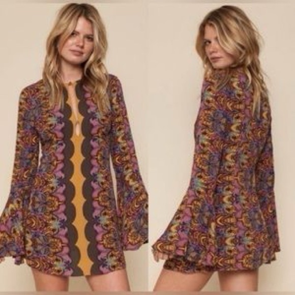 FREE PEOPLE Ossie Vibes Dress Boho Tunic Bell Sleeves Gold Brown Blue Sz 6 - Picture 2 of 13